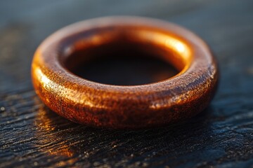 A single wooden ring sits on top of a wooden table, ready for inspection or use