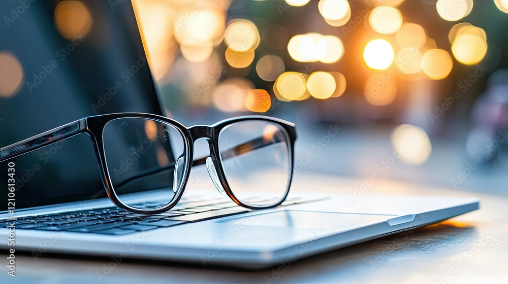 Poster glasses resting on a laptop keyboard during sunset with a blur of warm bokeh lights in the backgroun