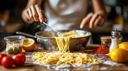 In a cozy kitchen, a family is busily preparing homemade pasta amidst a spread of fresh ingredients, herbs, and lively cooking tools