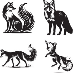 Elegant Fox Silhouettes: Sitting Fox, Alert Fox, Stealthy Fox, Leaping Fox, Wildlife Silhouette, Minimalist Fox Design, Fox Vector Art, Black-and-White Fox, Artistic Fox, Hunting Fox, Graceful Fox