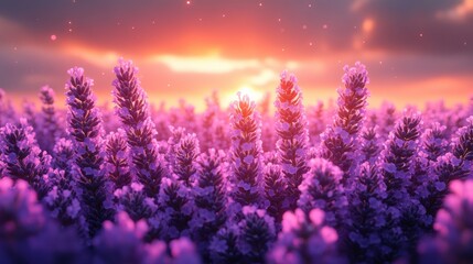 A vibrant lavender field at sunset, creating a serene and picturesque scene.