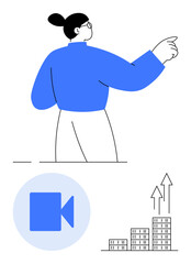 Woman pointing ahead, blue video icon, ascending bar chart with arrows. Ideal for innovation, leadership, media growth, education, strategy, digital transformation abstract line flat metaphor