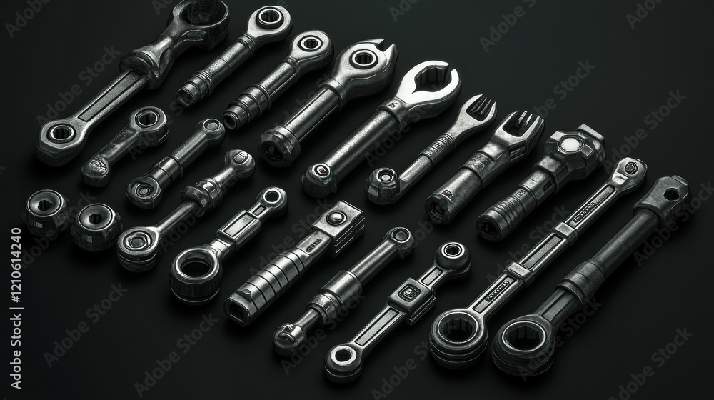 Poster futuristic metallic tools arranged on dark background for game asset