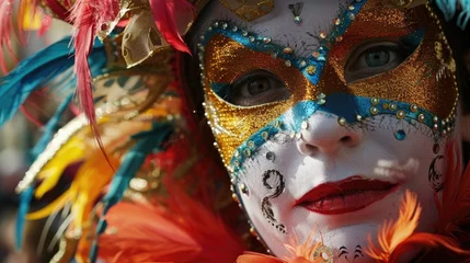 Printed kitchen splashbacks portrait of a woman at the Venetian carnival in a golden mask and a festive costume decorated with feathers, costume performance, traditional street festival, circus and theater artist