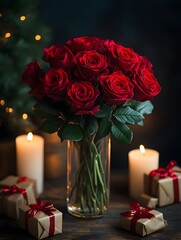 A bouquet of red roses in a glass vase on a wooden table, surrounded by gifts and tealight candles. This warm, romantic image suits ads, cards, or promotions for Valentine&rsquo;s or anniversaries.