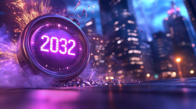 Futuristic Countdown Celebration with Digital 2032 Clock. Generative AI