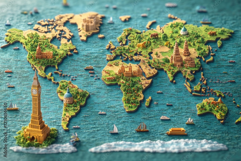 Poster a map showing a world with various cities and structures, suitable for use in educational or busines