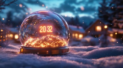 Magical Snow Globe with 2032 and Winter Wonderland. Generative AI