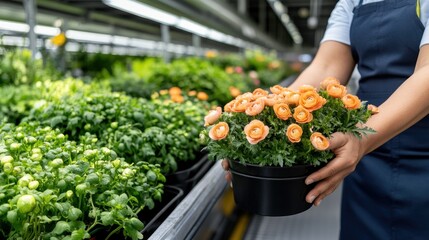 Employee holds a pot of blooming orange flowers in a vibrant indoor nursery filled with lush green plants and foliage during daytime