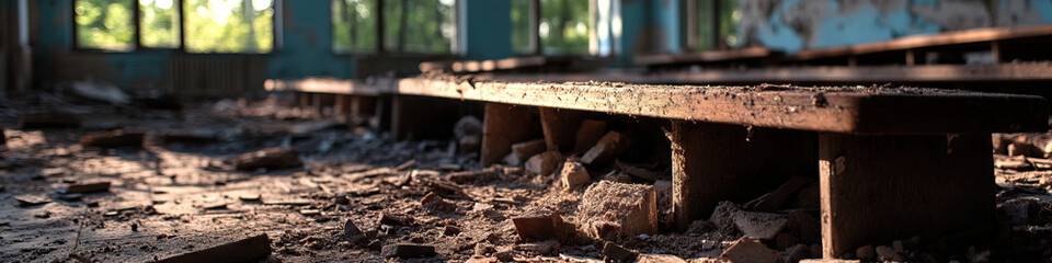 Fototapeta premium Decayed Wooden Planks in a Ruined Building Interior