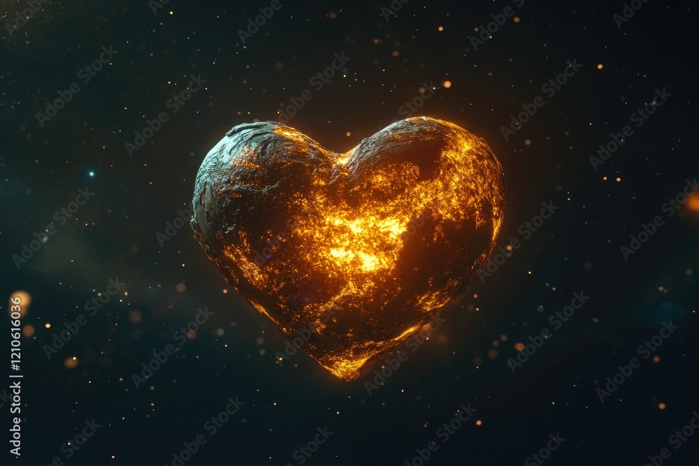 Poster a heart-shaped object floating in deep space, no context provided