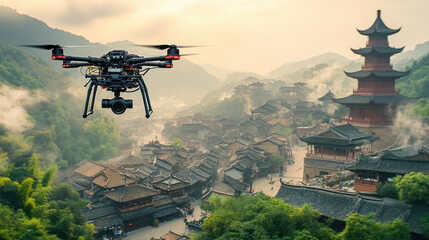 Fototapeta premium Drone Captures Scenic Aerial View of Traditional Asian Village Amidst Misty Mountains