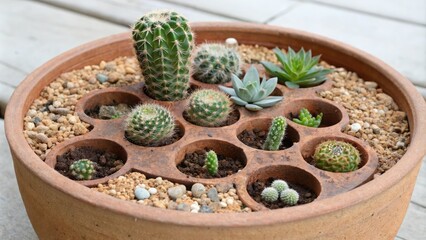 A unique brown pot containing small succulents and cacti that have grown out of the drainage holes arranged in a whimsical pattern, cactus garden, self watering pot, succulent arrangement