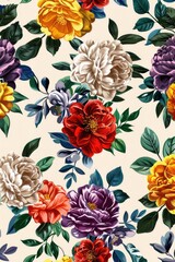 Abstract floral pattern with a variety of flowers and leaves in vibrant colors on a neutral background.