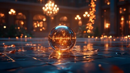 Glamorous reflection of a black rat with shimmering water mirror effect in a grand ballroom decorated for New Year's celebration. Generative AI