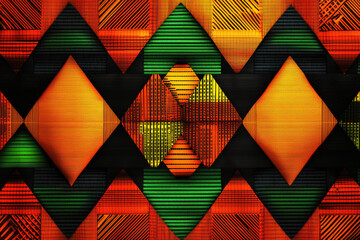 Vibrant African Kente cloth pattern with bold geometric shapes in vivid colors showcases intricate woven texture and symmetrical design
