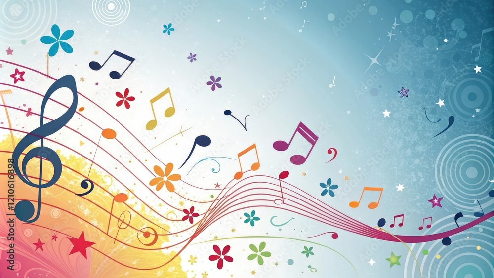 Poster a vibrant and energetic colorful background filled with musical notes and abstract shapes, dynamic c