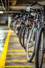 A row of bicycles parked next to each other on the street or in a parking lot