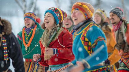 Fototapeta premium Sami people celebrating outdoors in colorful attire. Sami National Day.