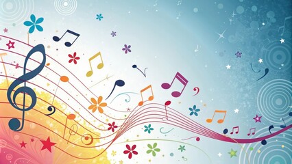 A vibrant and energetic colorful background filled with musical notes and abstract shapes, dynamic composition, energetic