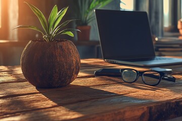 A green plant set against a blurred image of a laptop and glasses on a wooden table, offering space for a logo or text, for example, a presentation, inspirational quote, or motivational message, with