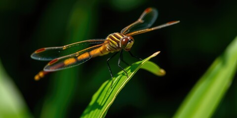A vibrant yellow and black dragonfly perched elegantly on a lush green leaf, wings, vibrant