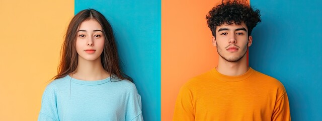 Young male female classmates posing college exterior
