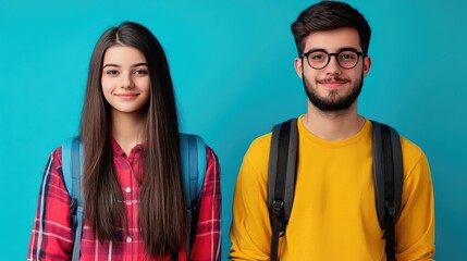 Young male female classmates posing college exterior
