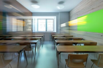 A blurred view of a typical classroom setup with desks and chairs