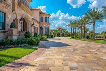 Obraz premium A tropical house ensconced within a lush garden, featuring a brick path to the entrance. Ideal for showcasing on real estate, travel, or luxury lifestyle websites