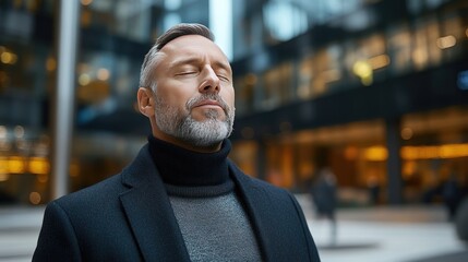 Naklejka premium Confident Mature Man in Urban Setting Exhibiting Calm and Style in Cityscape Environment
