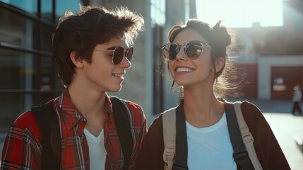 Young student couple going to college class campus

