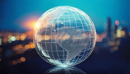 Stunning image of a translucent glass globe with a digital world map, set against a blurred city lights backdrop.