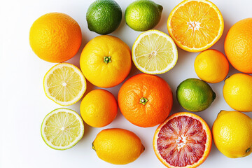 Fototapeta premium Vibrant arrangement of fresh oranges, lemons, and limes highlighting juicy textures on a clean background