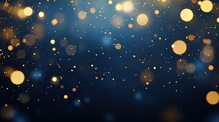 Abstract dark blue and gold particles background photo. Sparkling particles on navy blue.