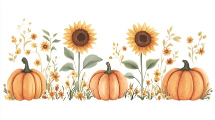 Autumnal Harvest: Sunflowers and Pumpkins Watercolor Painting