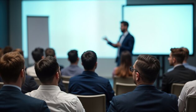 Business speaker presents at conference. Attendees listen attentively in convention hall. Professional businesspeople attend business seminar. Group of participants sit in conference room. Focus on