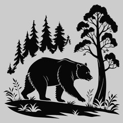 a bear walking in the woods silhouette vector design art and illustration
