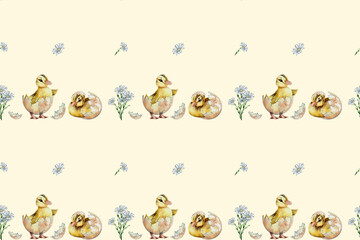 seamless watercolor pattern. Watercolor funny ducklings