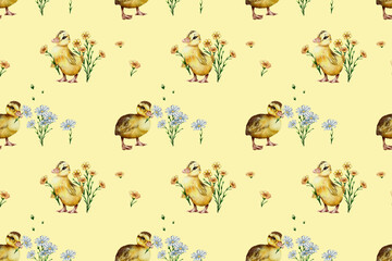seamless watercolor pattern. Watercolor funny ducklings