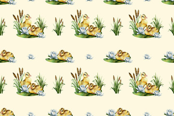 seamless watercolor pattern. Watercolor funny ducklings