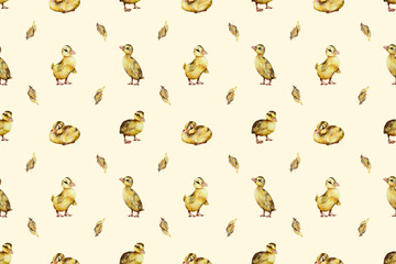 seamless watercolor pattern. Watercolor funny ducklings