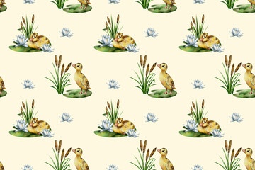 seamless watercolor pattern. Watercolor funny ducklings