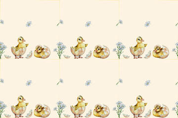 seamless watercolor pattern. Watercolor funny ducklings