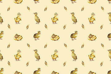seamless watercolor pattern. Watercolor funny ducklings