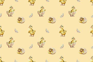 seamless watercolor pattern. Watercolor funny ducklings
