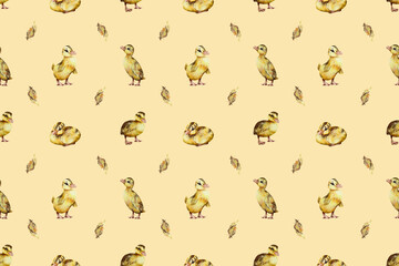 seamless watercolor pattern. Watercolor funny ducklings