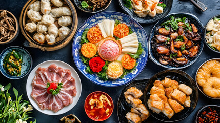 Fototapeta premium Exquisite Spread of Diverse Asian Cuisine with Colorful Dishes : Generative AI