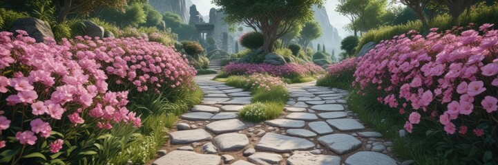 Fototapeta premium A winding stone path is lined with pink flowers and leads to a secluded garden, peaceful atmosphere, botanical garden