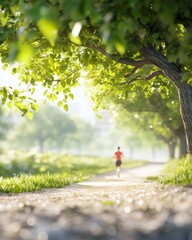 Obraz premium Runner enjoys a morning jog along a tree-lined path in a tranquil park setting amidst lush greenery